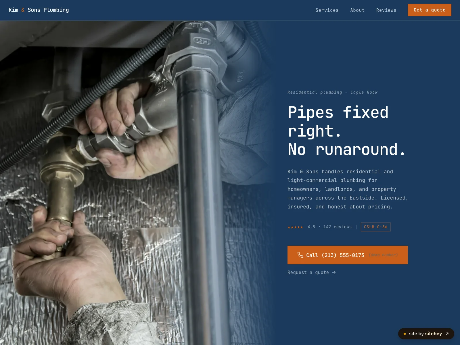 kim and sons plumbing homepage preview, eagle rock residential plumber site