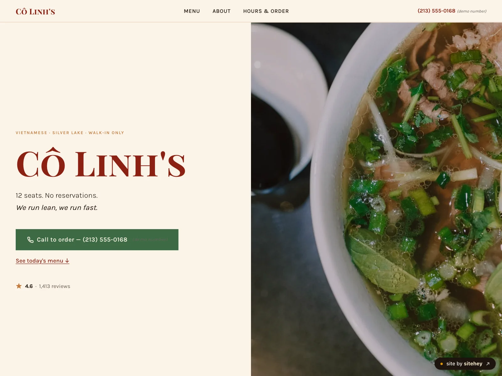 cô linh's pho restaurant site, built by sitehey